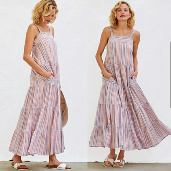 Pink stripe tiered maxi dress